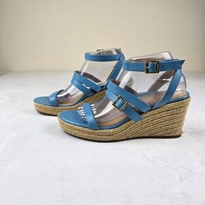 Vionic Sabina Blue Leather Espadrille‎ Wedge Sandals Women's Size 8.5